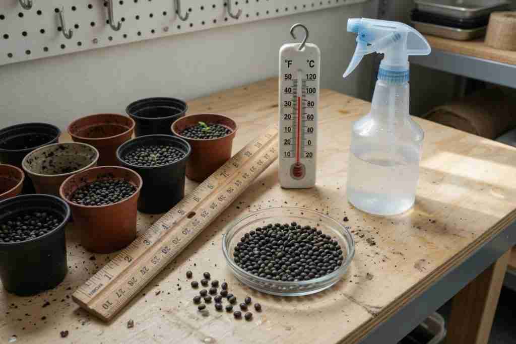 Cannabis seed starting bench with pots, thermometer, ruler, and a dish of seeds