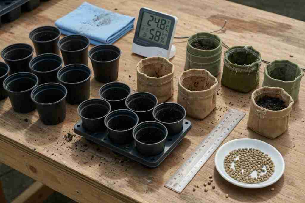 Grow bench with nursery pots, thermometer, ruler, and a dish of cannabis seeds