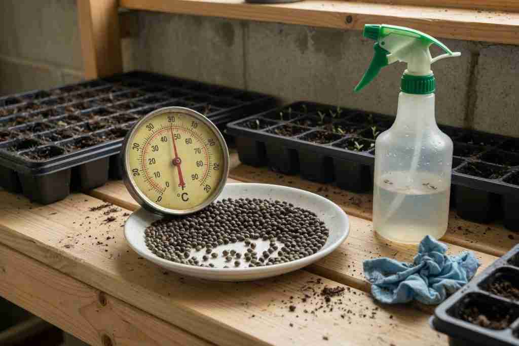 Seed starting bench with thermometer, spray bottle, and a dish of cannabis seeds
