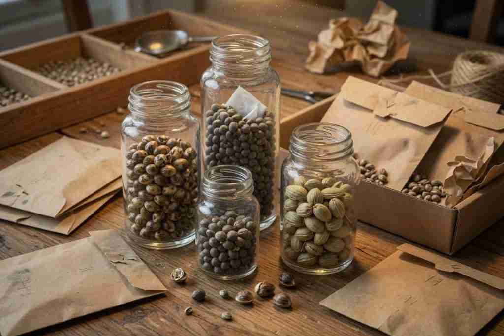 Glass vials of mature cannabis seeds on a packing table with kraft envelopes