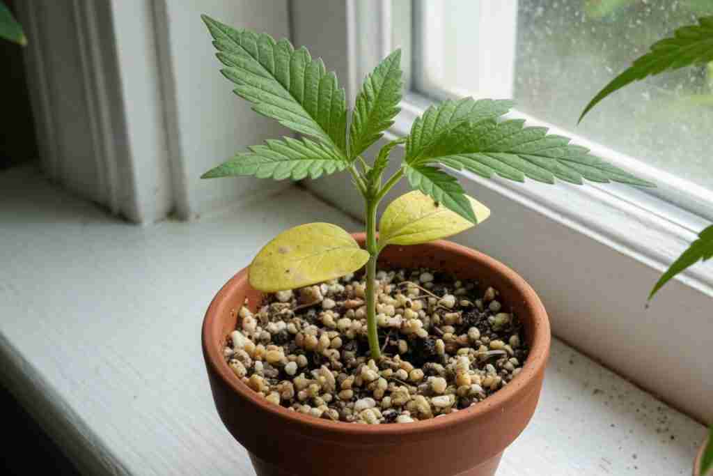 Cannabis seedling with yellow cotyledons and healthy green true leaves