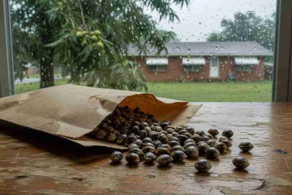 Cannabis seeds spilled from a paper envelope on a table with an Alabama brick ranch in the rain