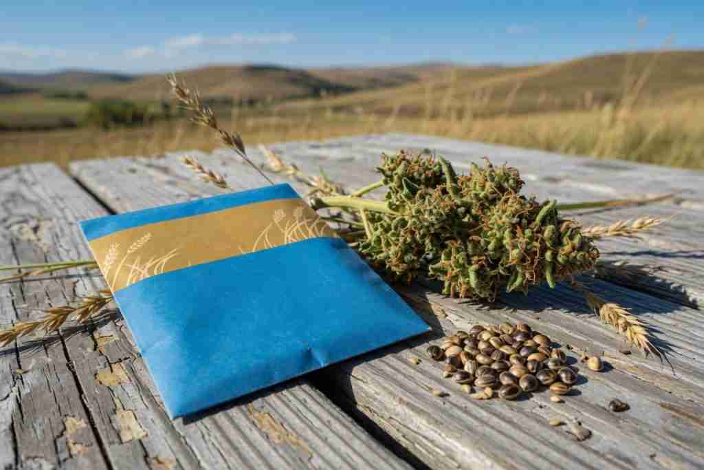 Alberta blue and gold wheat-band seed pack beside a cannabis cola and tiger-stripe seeds on a prairie picnic table