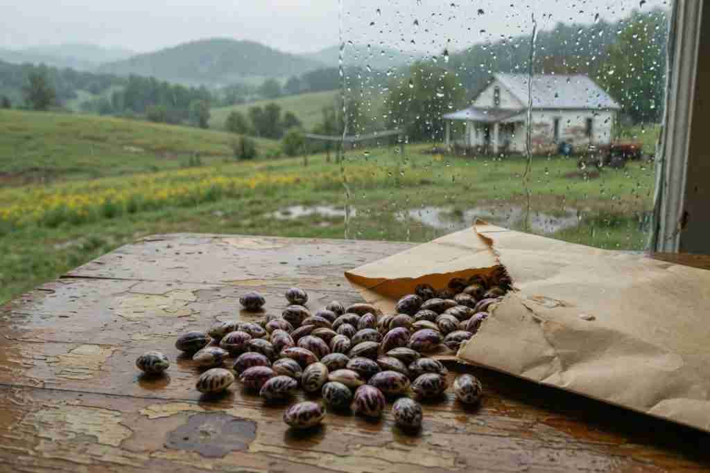 Cannabis seeds spilled from a paper envelope on a table with an Arkansas Ozark farmhouse in the rain