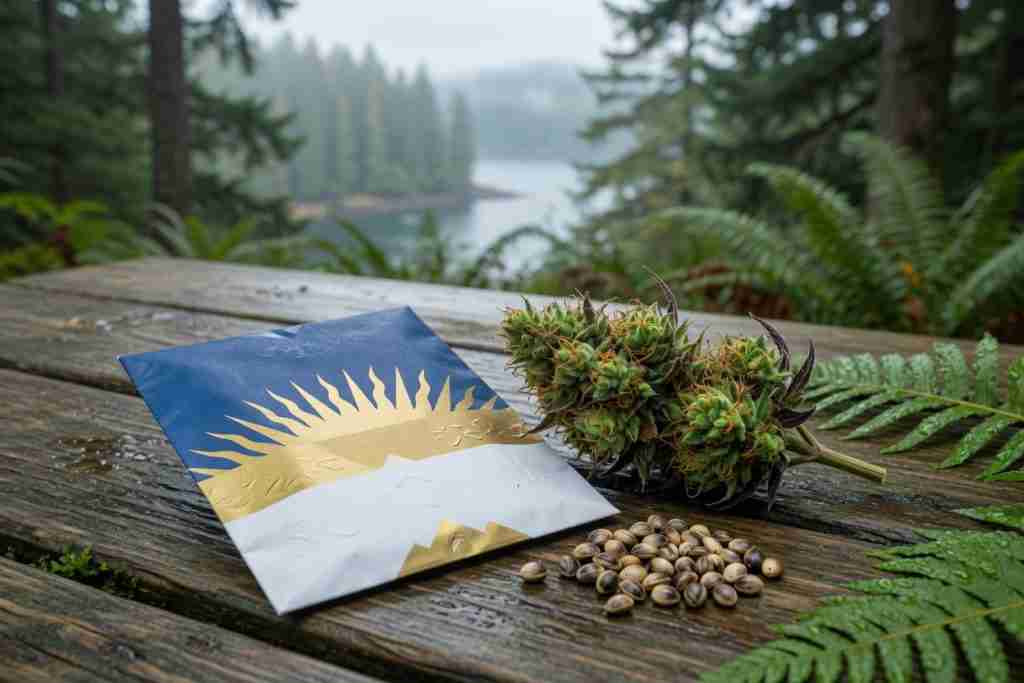 British Columbia blue, white, and gold seed pack beside a cannabis cola and tiger-stripe seeds on a wet cedar table in the rainforest