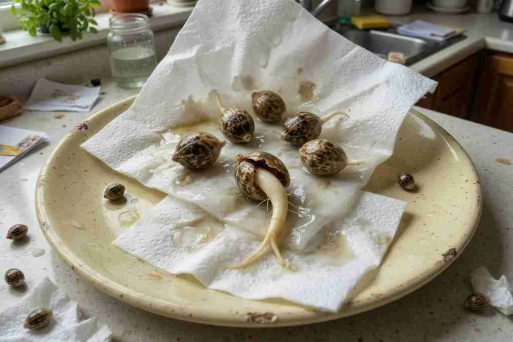 Cannabis seeds germinating between damp paper towels on a plate