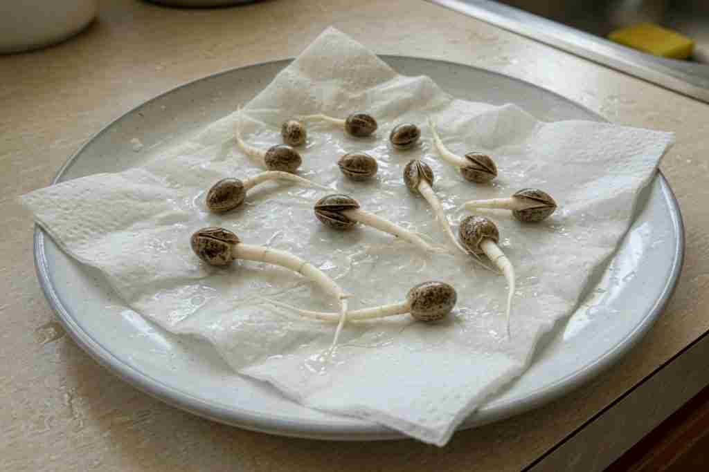 Cannabis seeds germinating on a damp paper towel with white taproots