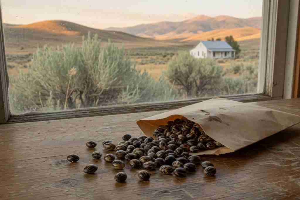 Cannabis seeds spilled from a paper envelope on a table with Idaho sagebrush hills and a farmhouse in the window