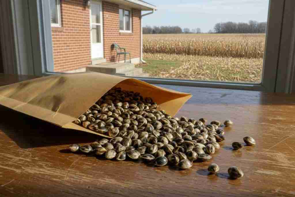 Cannabis seeds spilled from a paper bag on a table with an Indiana brick house and cornfield in the window