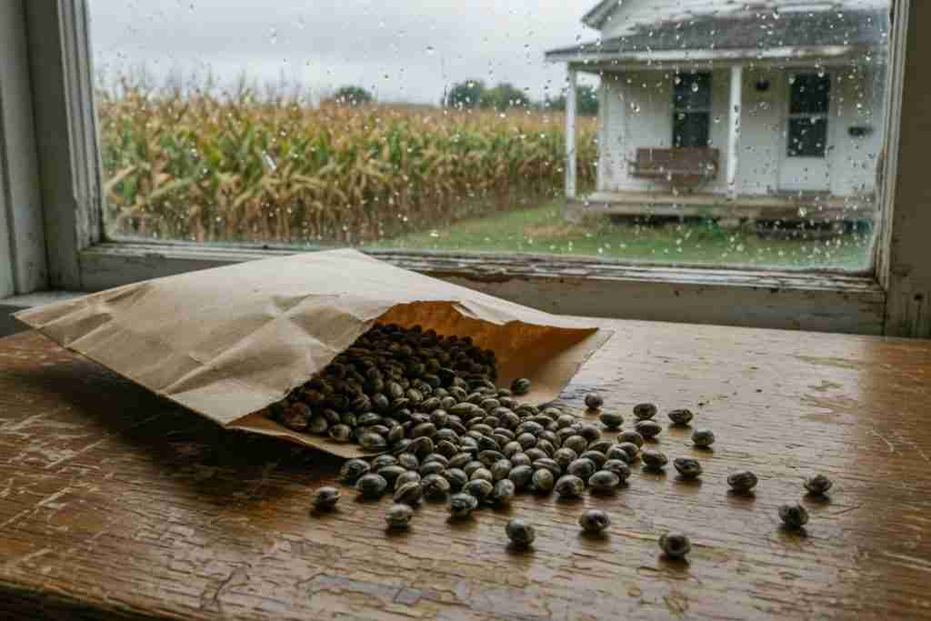 Cannabis seeds spilled from a paper envelope on a table with an Iowa farmhouse and cornfield in the rain