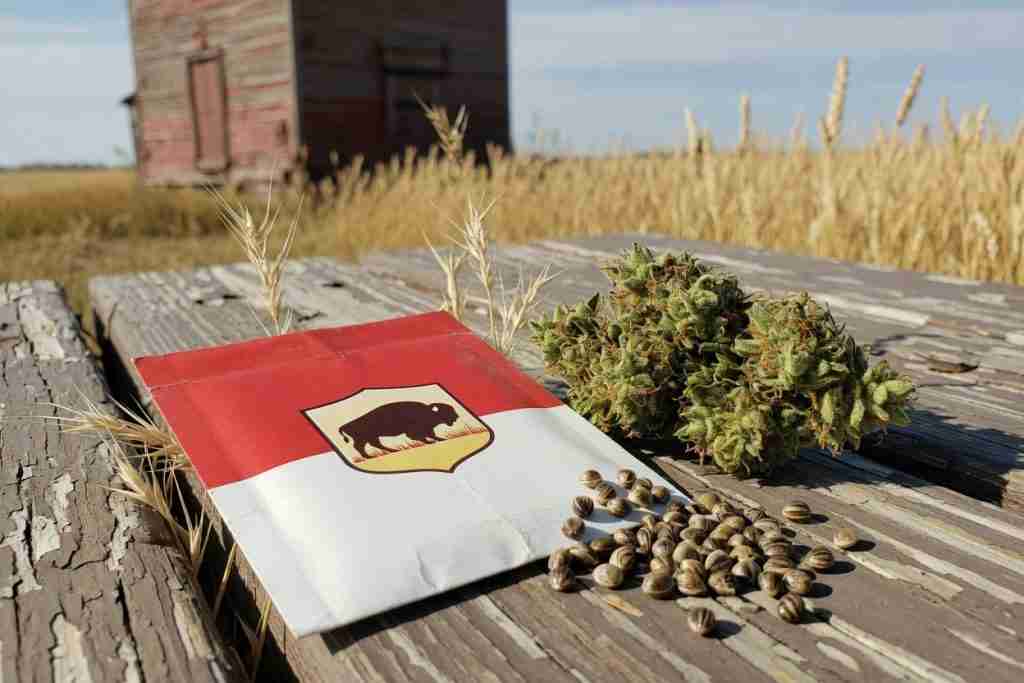 Manitoba red-and-white buffalo-shield seed pack beside a cannabis cola and tiger-stripe seeds on a prairie picnic table