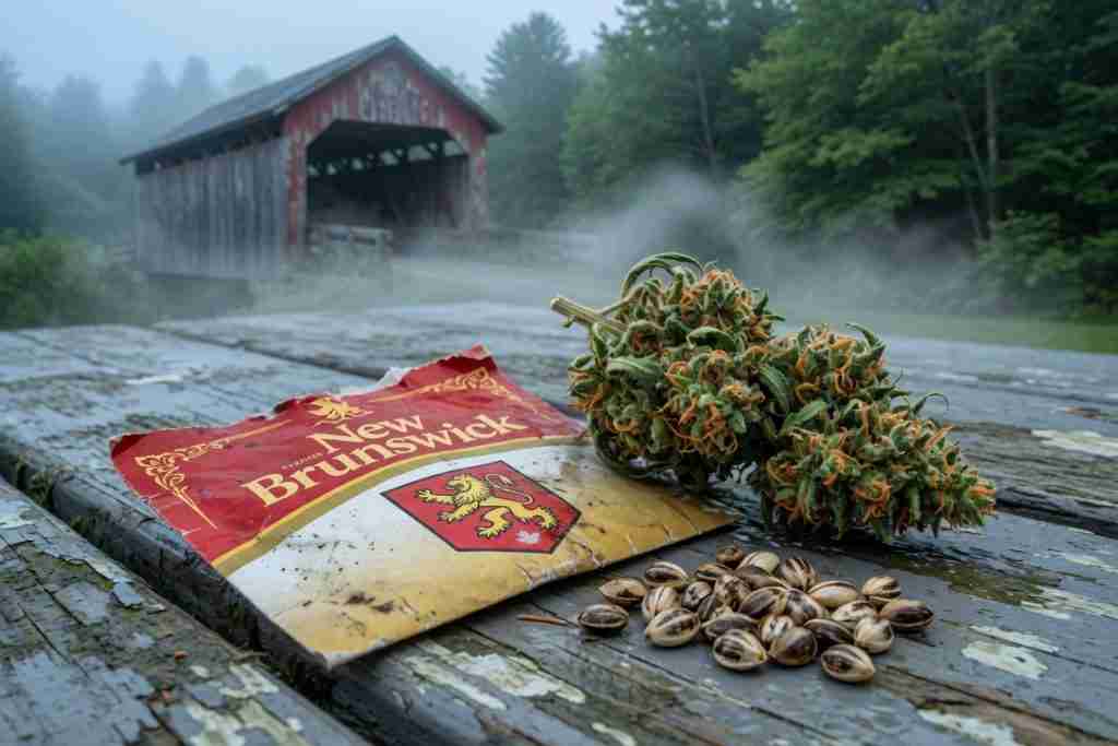 New Brunswick gold and red seed pack beside a cannabis cola and tiger-stripe seeds on a wet picnic table with a covered bridge in the fog