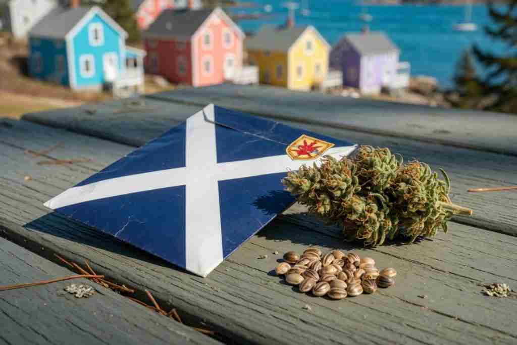 Nova Scotia saltire seed pack beside a cannabis cola and tiger-stripe seeds on a harbour picnic table