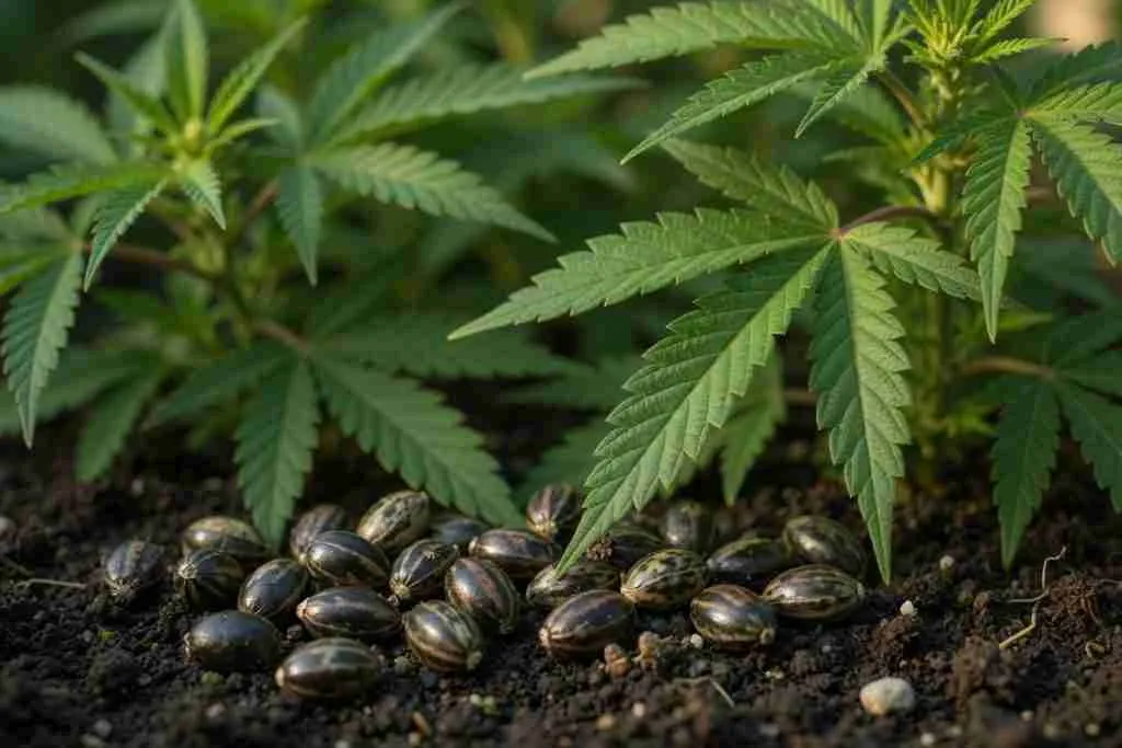 Mature cannabis seeds on living soil in front of healthy cannabis plants
