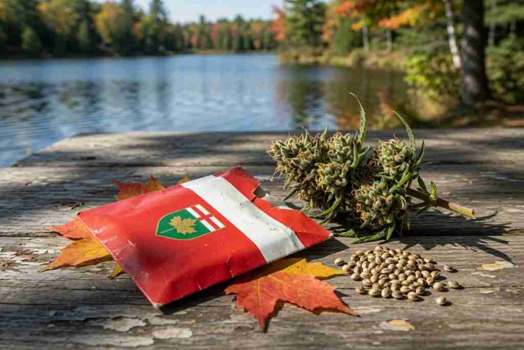 Ontario red-and-white seed pack beside a cannabis cola and tiger-stripe seeds on a lake dock