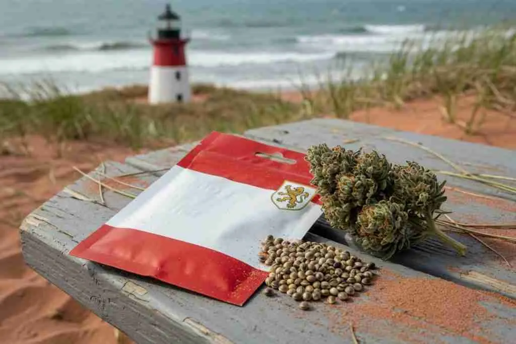 Prince Edward Island red-and-white seed pack beside a cannabis cola and tiger-stripe seeds on a red-sand picnic table with a lighthouse