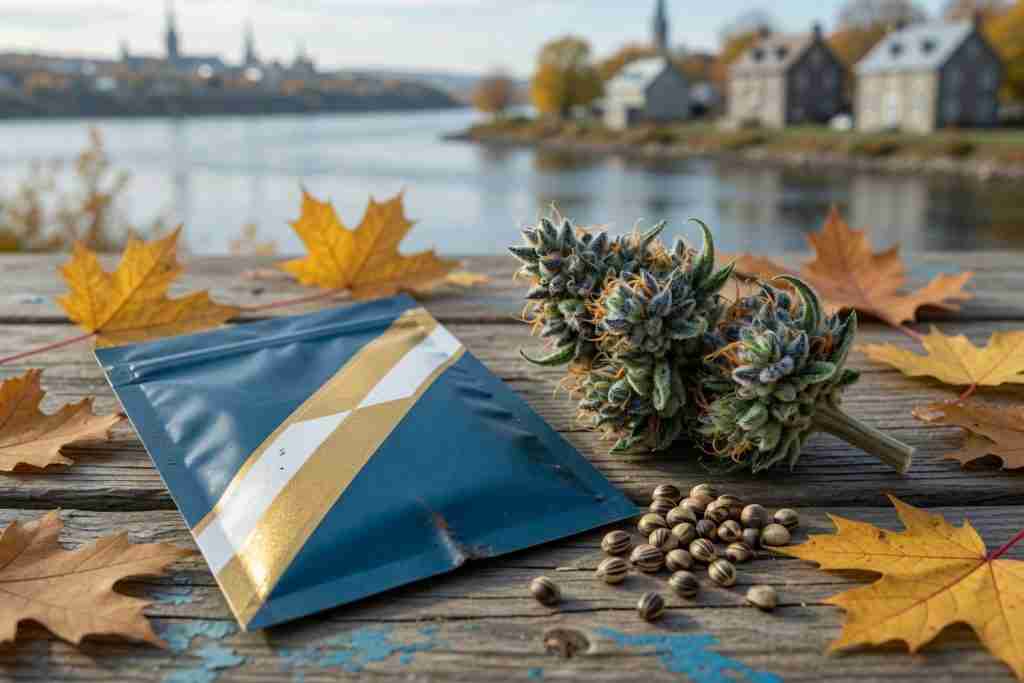 Quebec blue and gold seed pack beside a cannabis cola and tiger-stripe seeds on a St. Lawrence dock