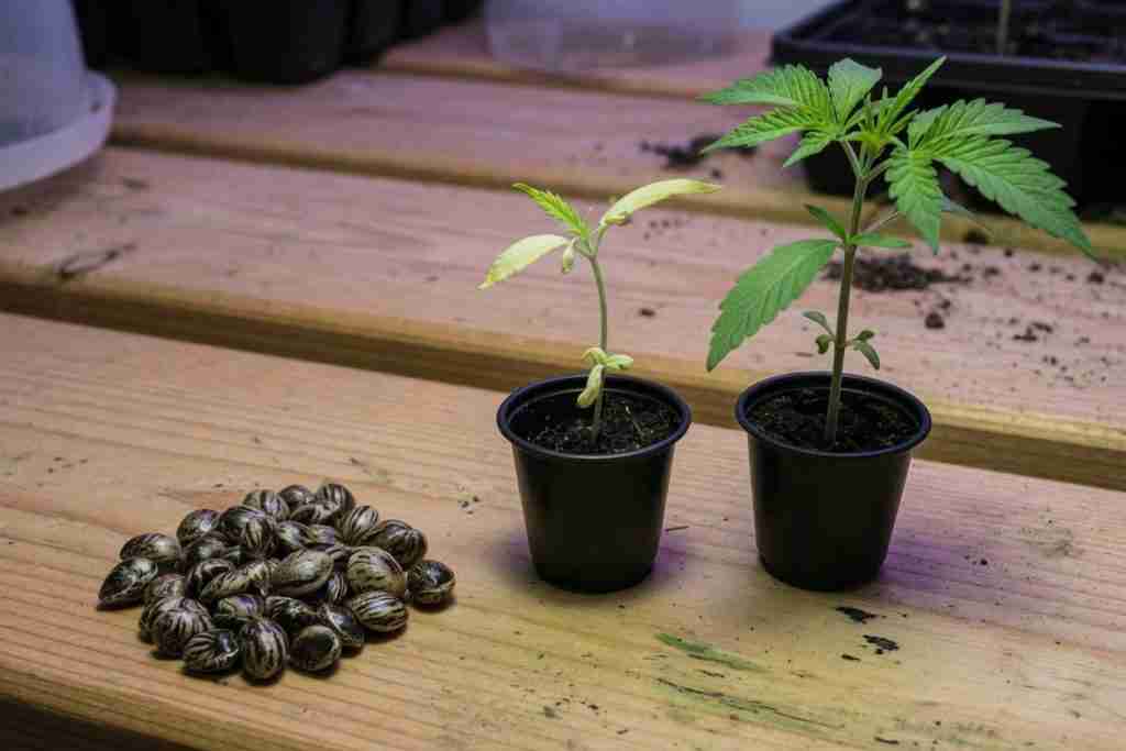 Tiger-stripe cannabis seeds beside a slow pale seedling and a vigorous green seedling
