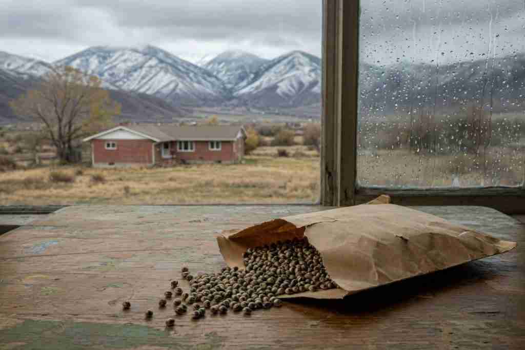 Cannabis seeds spilled from a paper envelope on a table with a Utah Wasatch brick ranch in the rain