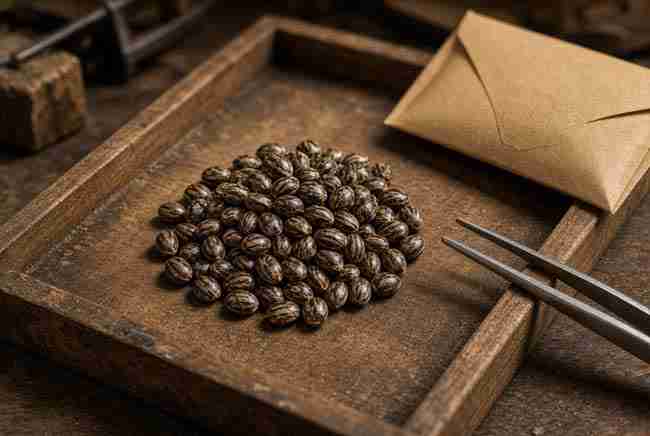 Dark striped seeds on a wooden tray with tweezers