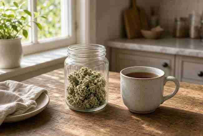 Daytime jar of pale flower beside a tea mug