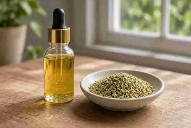 Dropper bottle of gold oil beside ground flower