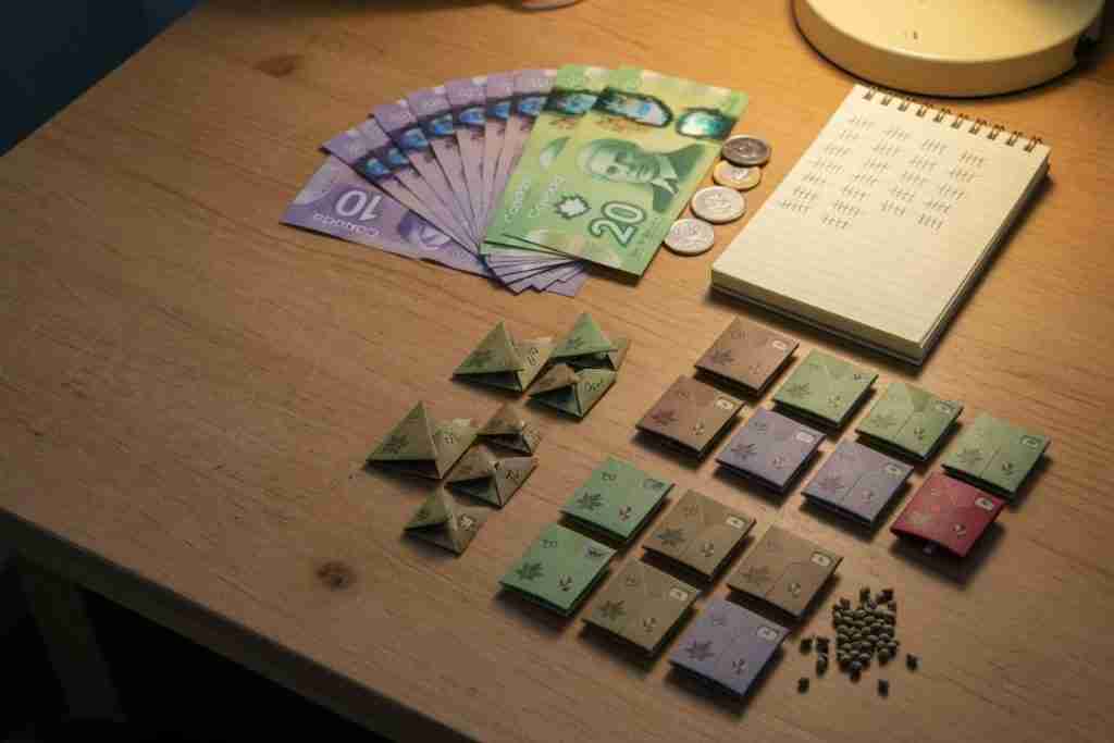 Canadian cash and cannabis seed packs counted out on a wooden desk