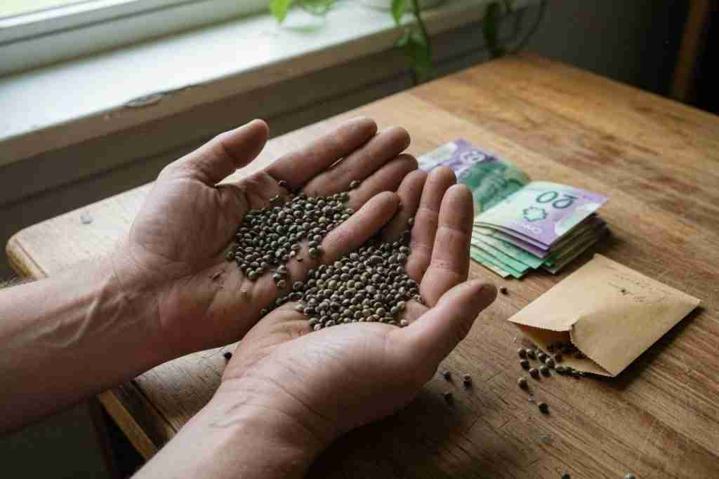 Grower holding a handful of mature cannabis seeds beside Canadian cash