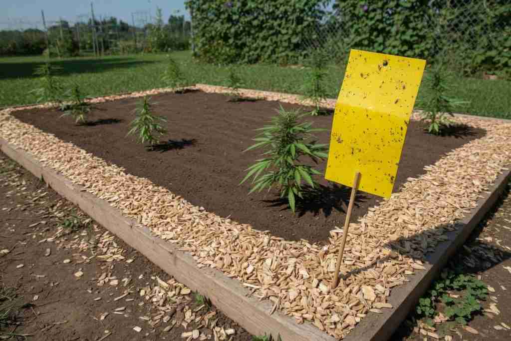 Clean mulched outdoor cannabis bed with a yellow sticky insect trap on a stake