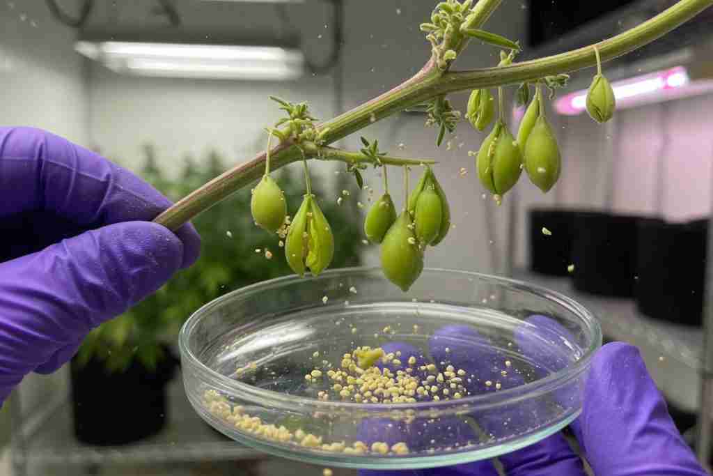 Male cannabis pollen sacs shedding pollen into a glass dish