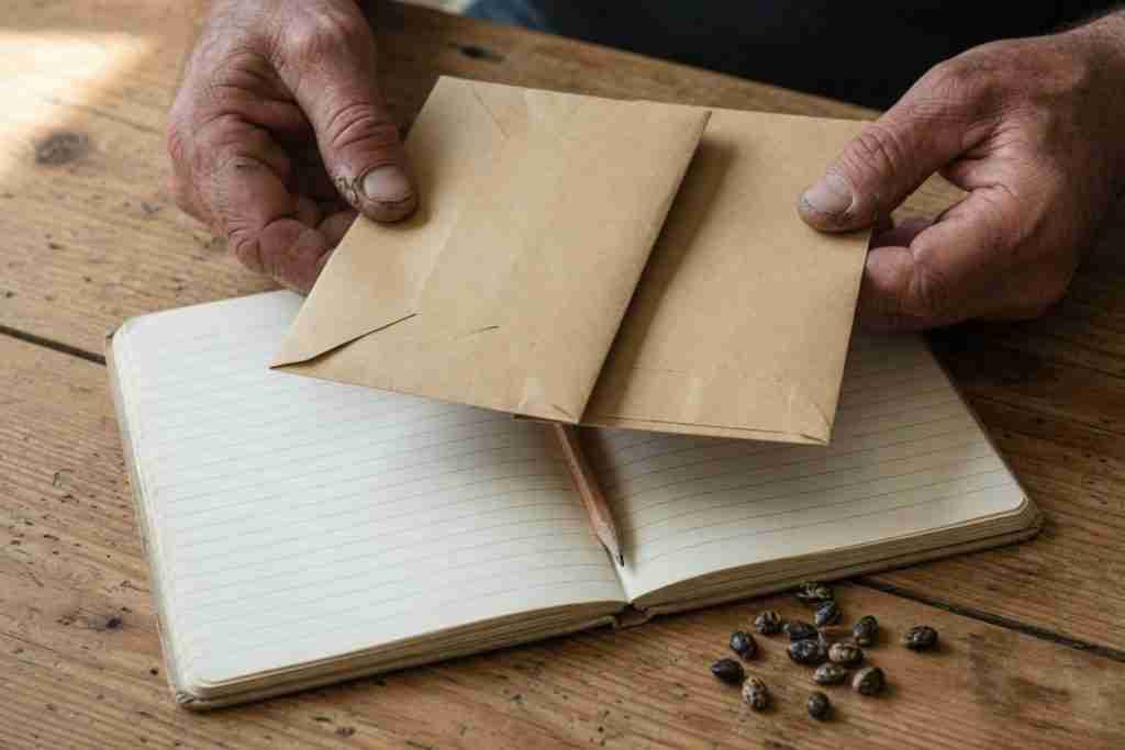 Grower comparing two blank kraft cannabis seed envelopes over an open notebook