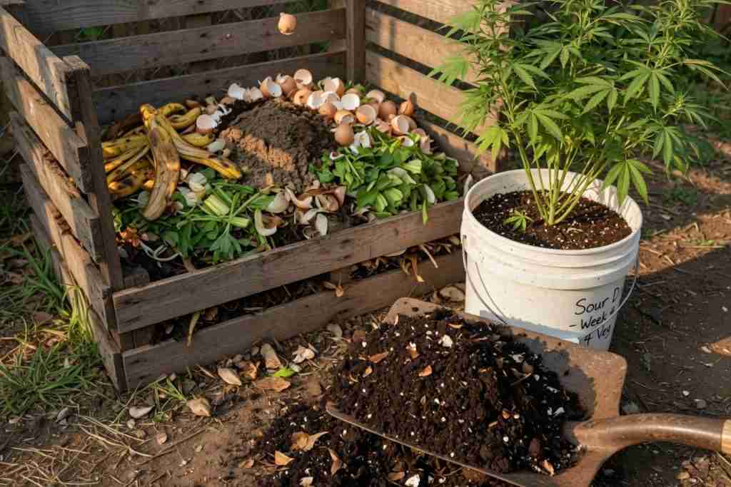 Backyard compost bin with kitchen scraps next to a potted cannabis plant