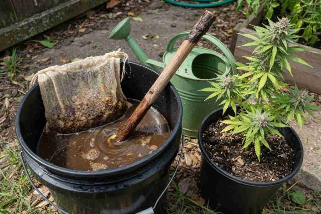 Bucket of homemade compost tea beside a flowering cannabis plant