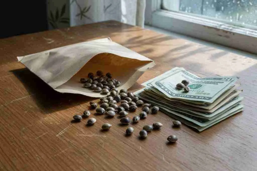 Cannabis seeds spilled on a table next to a modest stack of cash
