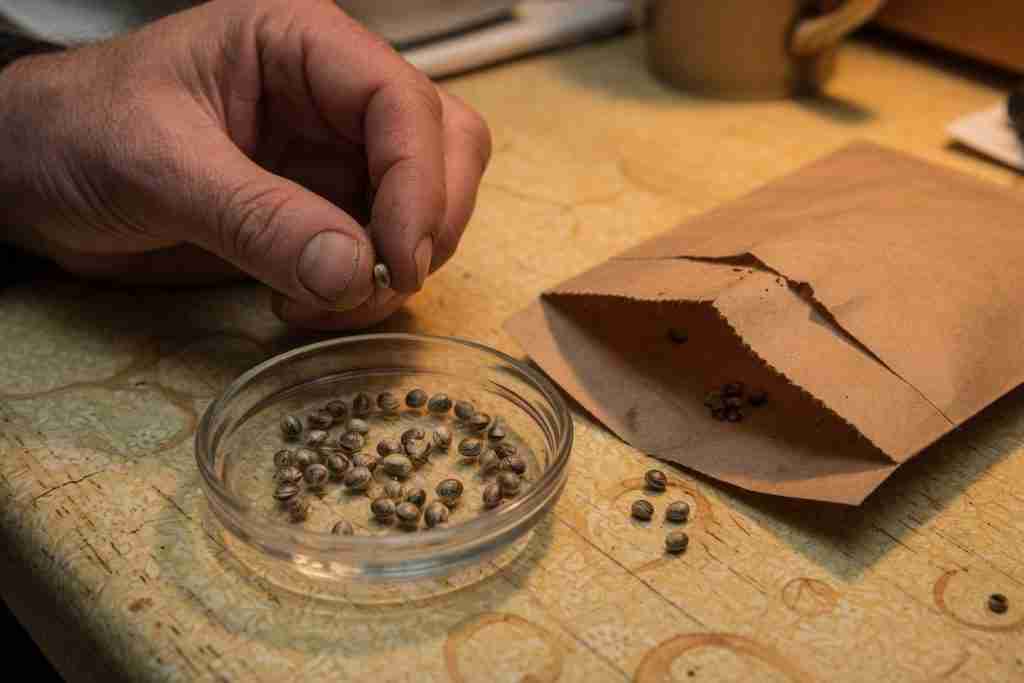 Grower counting individual cannabis seeds into a glass dish