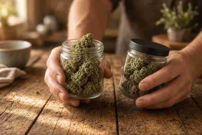 Two glass jars of cured flower on a wooden table