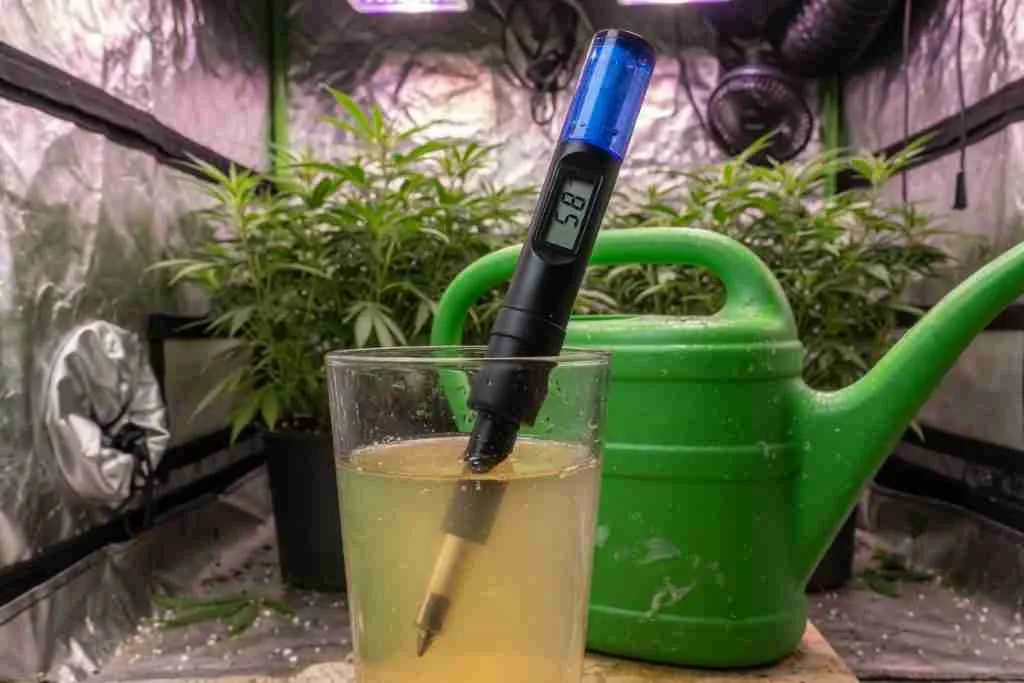 Digital pH pen in a glass of nutrient solution next to a watering can