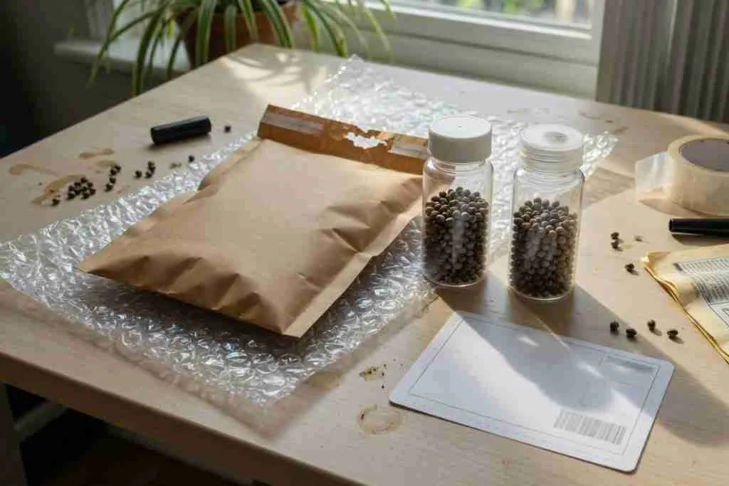 Plain brown padded mailer beside vials of cannabis seeds on a packing table