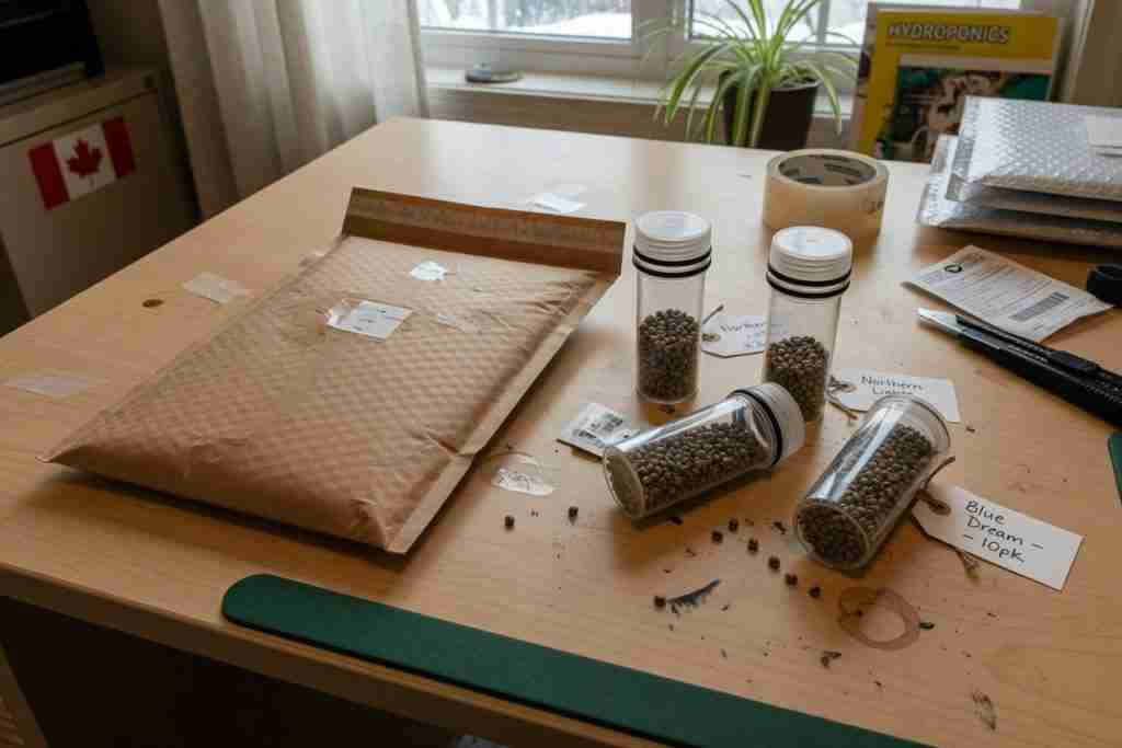 Plain brown padded mailer beside vials of cannabis seeds on a packing table