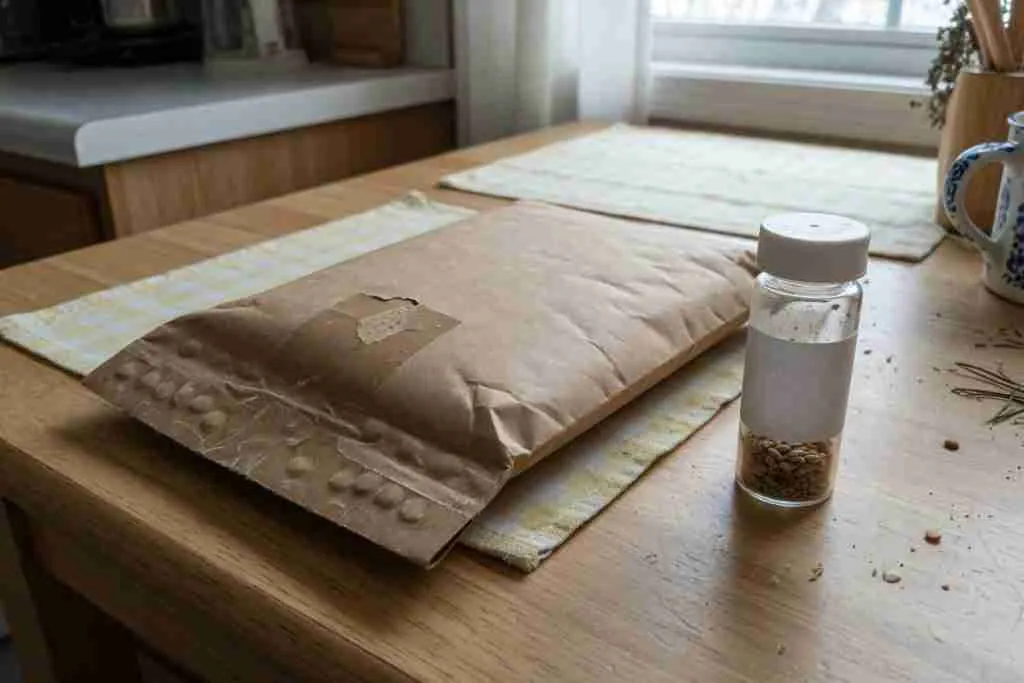 Plain padded mailer and a small vial of cannabis seeds on a kitchen table
