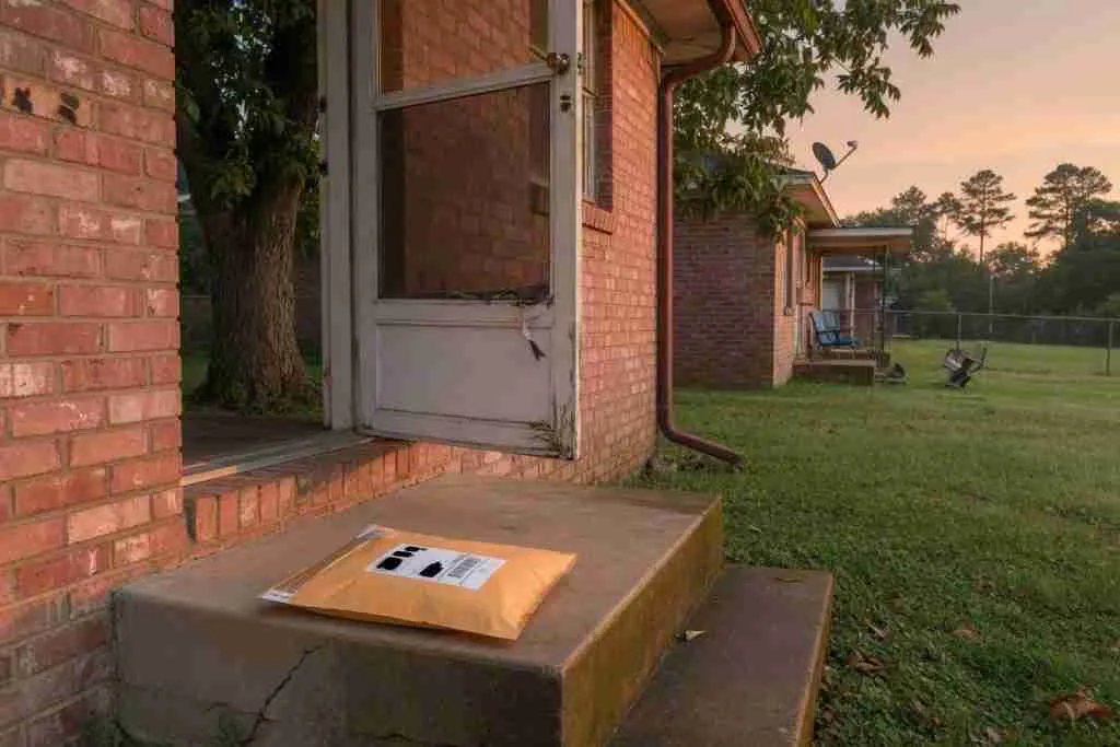 Discreet padded mailer on an Alabama brick stoop at sunset for cannabis seed shipping