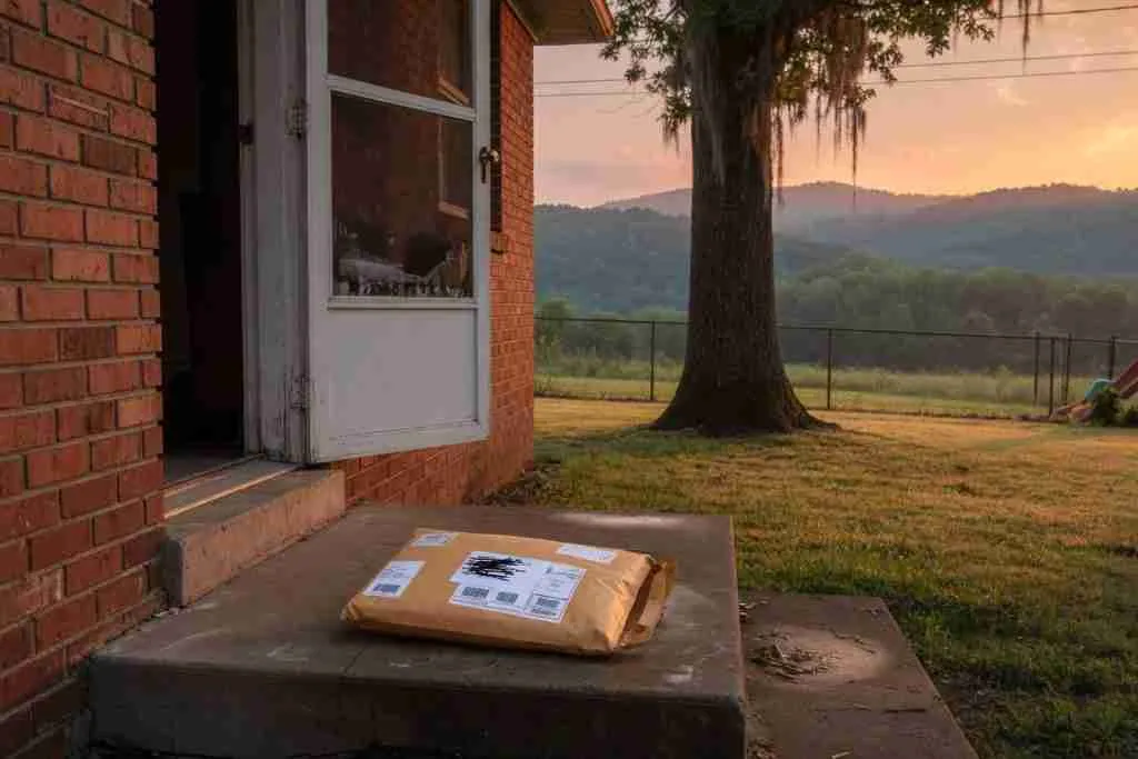 Discreet padded mailer on an Arkansas brick stoop with Ozark hills for cannabis seed shipping