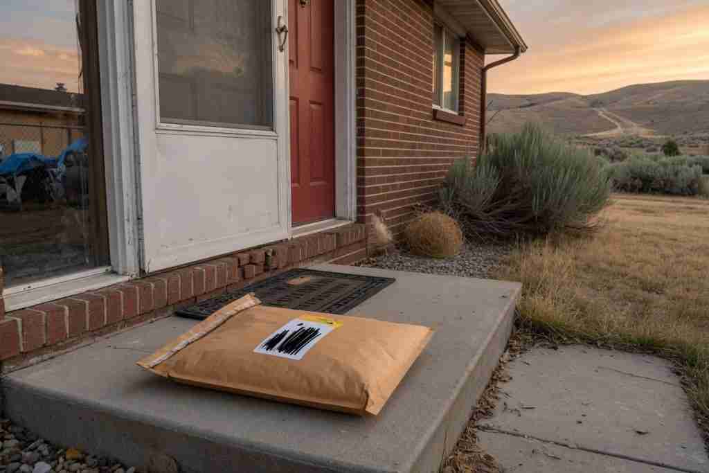 Discreet padded mailer on a brick ranch stoop with Idaho foothills for cannabis seed shipping