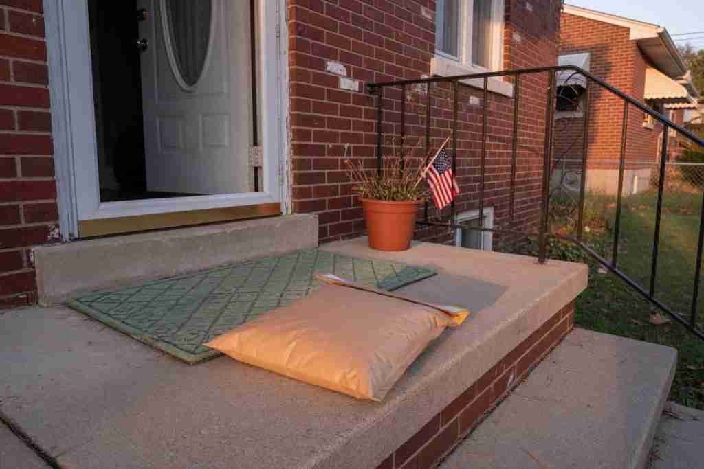 Discreet padded mailer on a Midwestern brick porch for cannabis seed shipping to Indiana