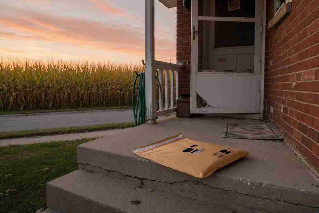 Discreet padded mailer on a Midwestern brick porch with corn across the road for cannabis seed shipping to Iowa