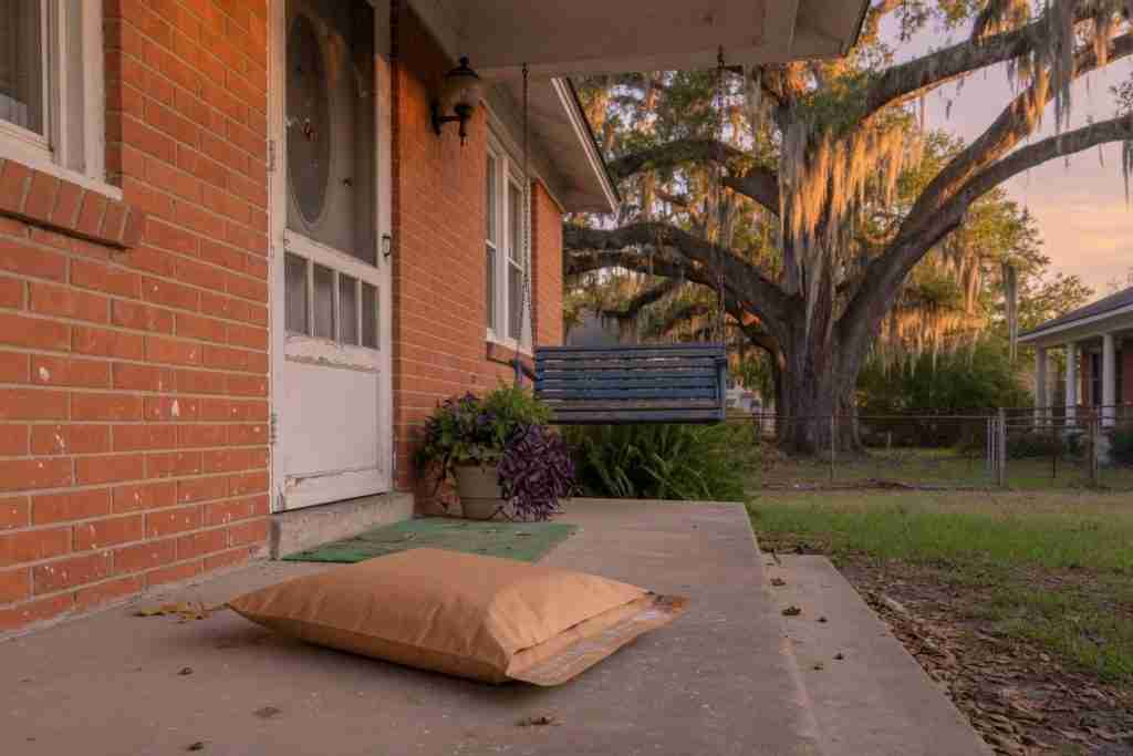 Discreet padded mailer on a Southern brick porch with a live oak for cannabis seed shipping to Mississippi