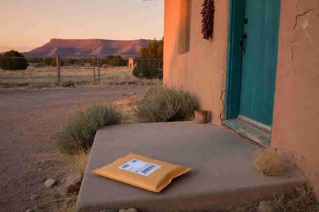 Discreet padded mailer on an adobe stoop with New Mexico mesa for cannabis seed shipping