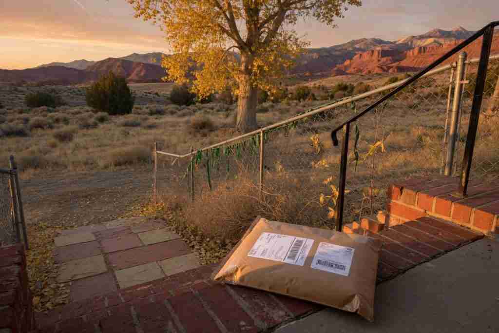 Discreet padded mailer on a Utah brick stoop with red rock hills for cannabis seed shipping