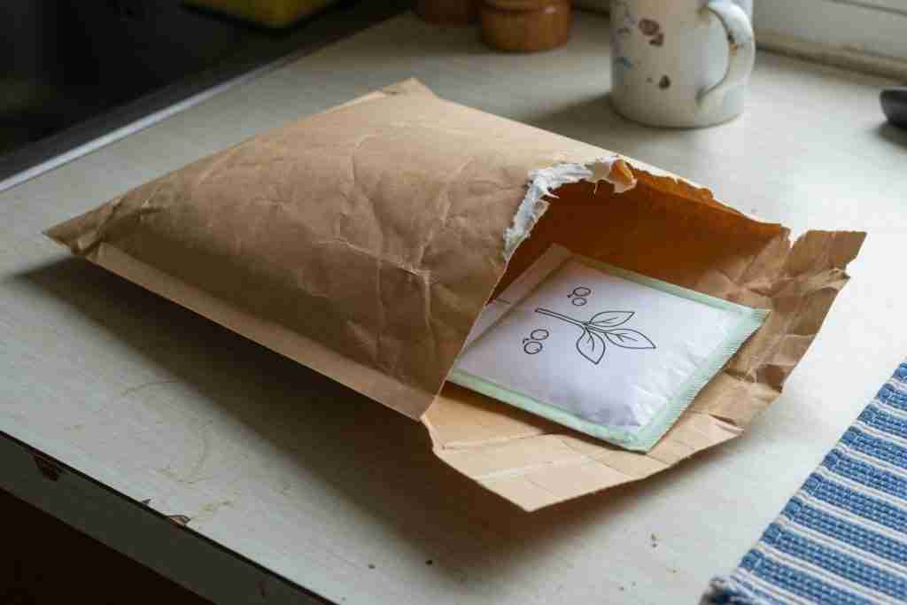 Padded mailer on a table with a small sealed seed packet inside