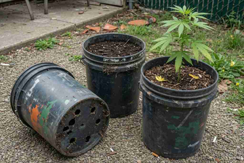 Used five-gallon buckets drilled for drainage as cannabis pots
